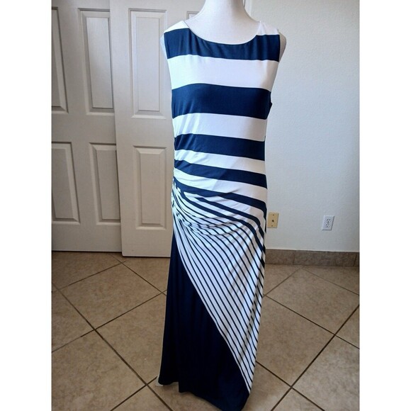 Soft Surroundings Maxi Dress Blue White Stripe Shirred Side M Coastal Nautical - Picture 4 of 16